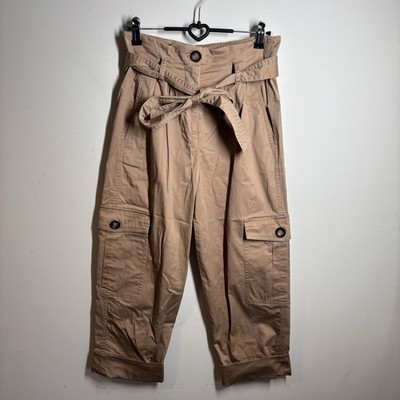 Mint Velvet Stone Beige Paperbag Cargo Trousers Tie Waist Cropped UK 8S
