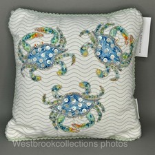 Coastal Collection Watercolor Beaded Crab Decorative Pillow 12x12" Ocean Sealife