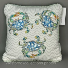 Coastal Collection Watercolor Beaded Crab Decorative Pillow 12x12" Ocean Sealife