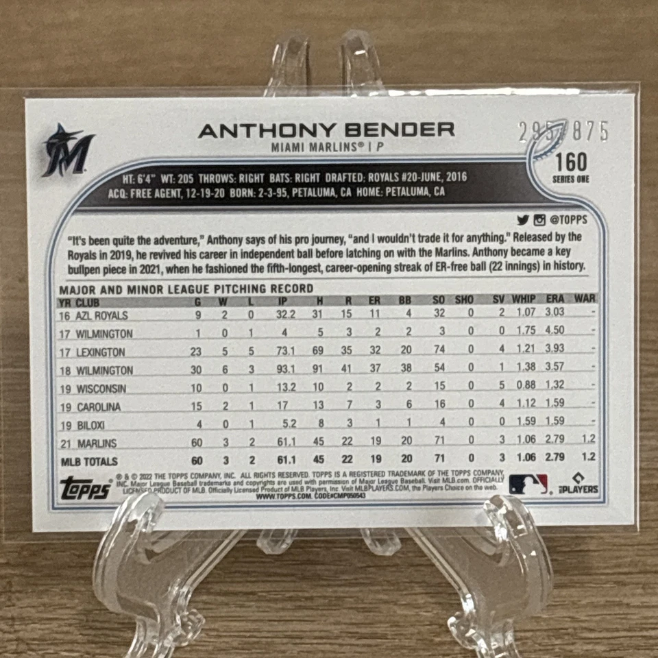 2022 Topps Series 1 - Anthony Bender #160 Foilboard /875 (RC) - Image 2 of 3