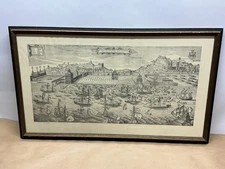 Antique Engraving - Panoramic Map View of Lisbon Portugal, 1619 Port Ships