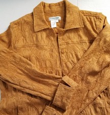 Coldwater Creek Jacquard Jacket Button Up Sz LG Embroidered Stretch Toffee Brown