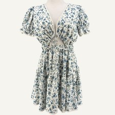 Floral Keyhole Front Mini Dress Blue White Lace Trim Romantic M Coquette BoHo