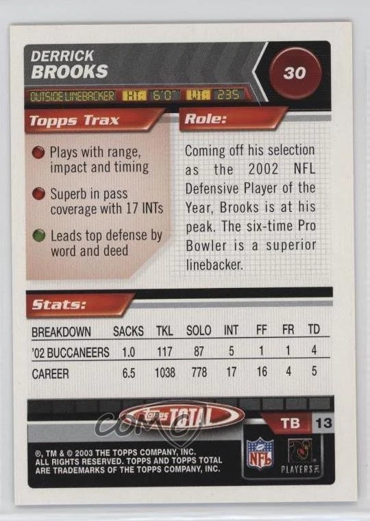 2003 Topps Total Silver Derrick Brooks #30 HOF - Image 2 of 2