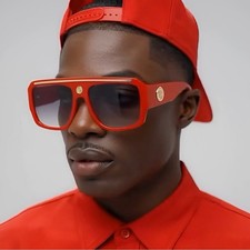 Mens Red Oversized Shield Sunglasses Gold Lion Head Flat Top Square Shades