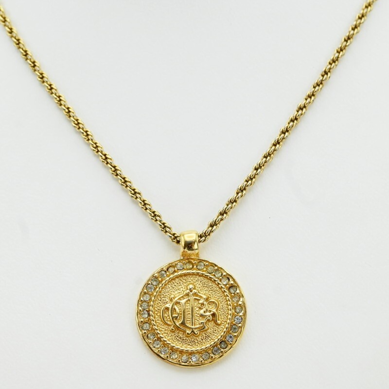 K02-k073 Christian Dior logo round rhinestone GP necklace gold | eBay
