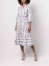 $495 NEW Marchesa Notte 3/4 Sleeve Floral Shirt Dress White Button Down 4 10