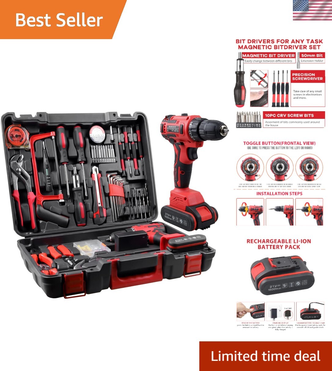 Cordless Drill Set, 21V Brushless Drill Driver Kit, 1x 1.5Ah Li-ion Batteries...