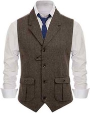 Herringbone Men's Vests Casual Suit Vest Notch Lapel with Two Pockets Waistcoat
