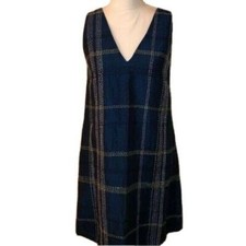 Gorman Shift Dress Womens Size 8 Blue Linen Sleeveless Stitching V Neck Lined