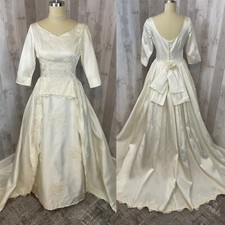 1970s Vintage Wedding Dress White Lace Applique Peplum Overlay Gown S/2