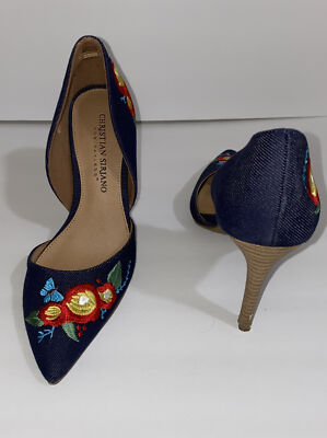 Womens Denim Blue W/flower Christian Sariano high heel pump shoes Size 