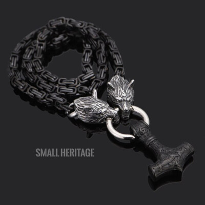 #ad Viking Stainless Steel Wolf Necklace Thor Hammer Mjolnir Pendant Black Silver $29.11
