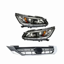 For 2013-2015 Honda Accord Halogen Headlights W/LED DRL Pair & Front Upper Grill
