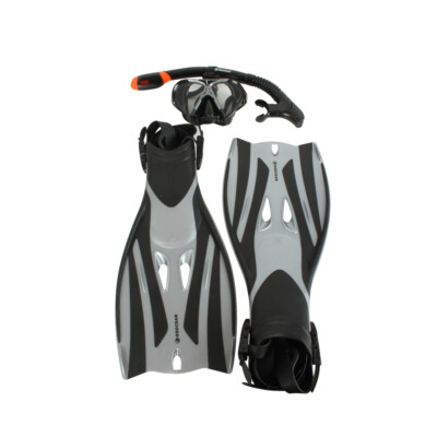 4pc Oz Ocean Rotto Adults Swimming Goggles Mask/Snorkel/Fin Set L-XL  Grey/Black UK