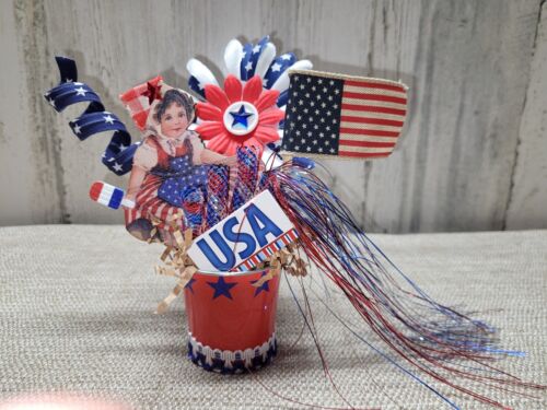 Kitschy Patriotic 4th of July Primitive Decor Flag Arrangement OOAK Assemblage