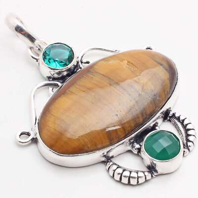 Tiger Auge Edelstein 925 Versilberter Anhänger Handmade Schmuck Gift 4.6cm P9833