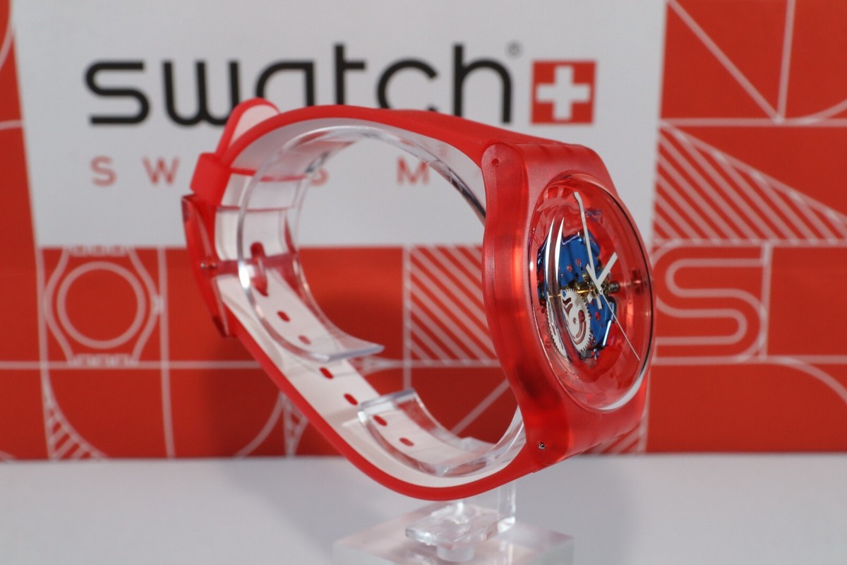 NEW Swiss Swatch Clownfish White And Red Strap Skeleton Dial 