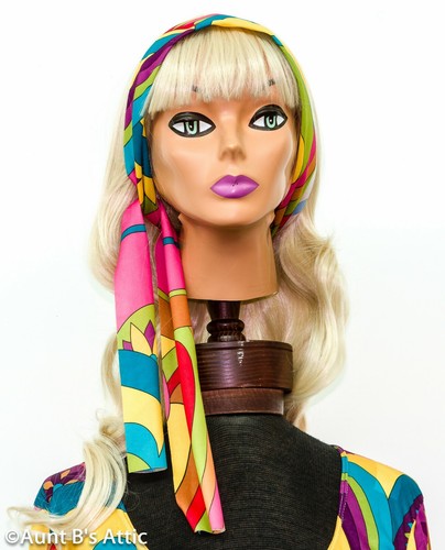 60's-70's Groovy Multi Color Print 2Pc Bell Sleeved Costume Dress & Headscarf - Picture 4 of 4
