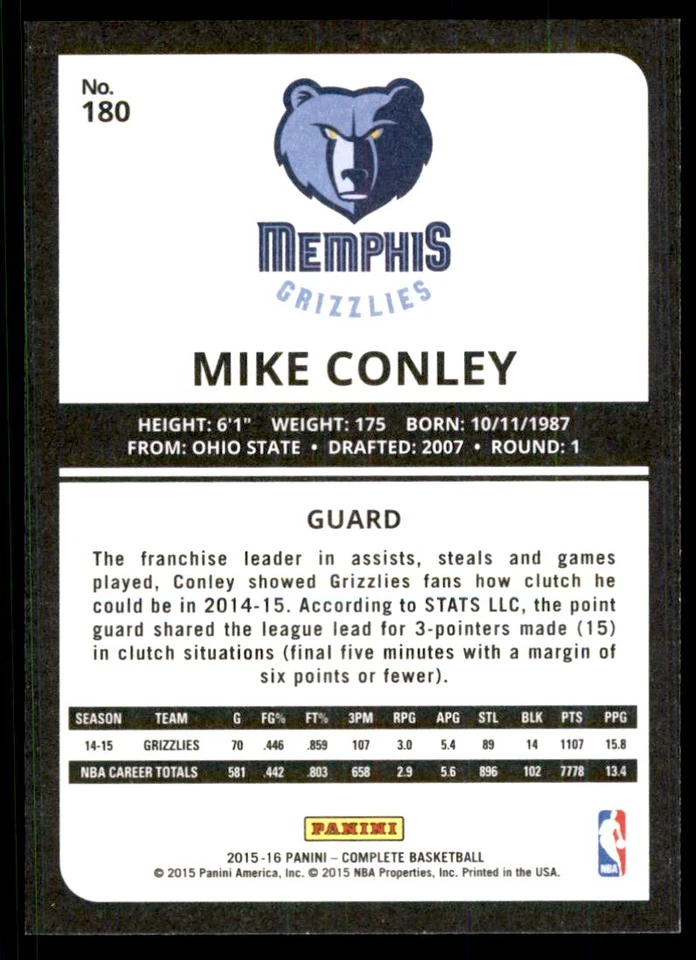 2015-16 Panini Complete] Mike Conley Memphis Grizzlies #180 - Image 2 of 2