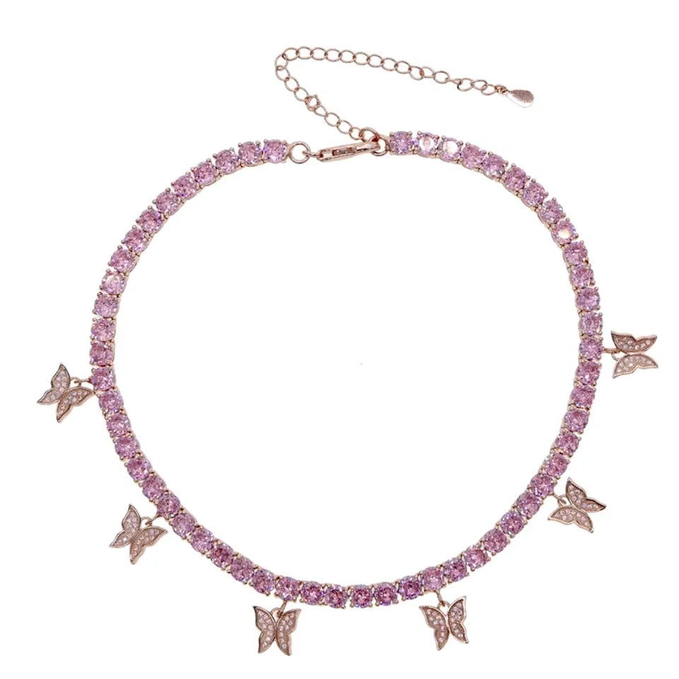 Collar tenis zafiro rosa creado en laboratorio de 5 mm relleno de oro rosa de 18k con mariposa Foto 3 de 4