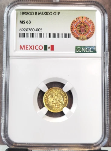 1898 Go R MEXICO GOLD 1 PESO HERALDIC EAGLE NGC MS 63 RARE BEAUTIFUL COIN