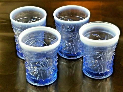 4 Vintage Blue Frosted Top Tumbler or Juice Drinking Glasses in Floral Pattern