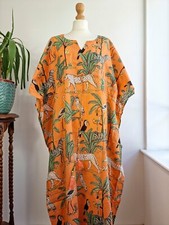 Indian Orange Animal Printed Cotton Hippie Maxi Women Nightwear Caftan Dress