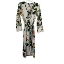 Zara White Floral Botanical Print Belted Resort Kimono Coverup Dress Size Small