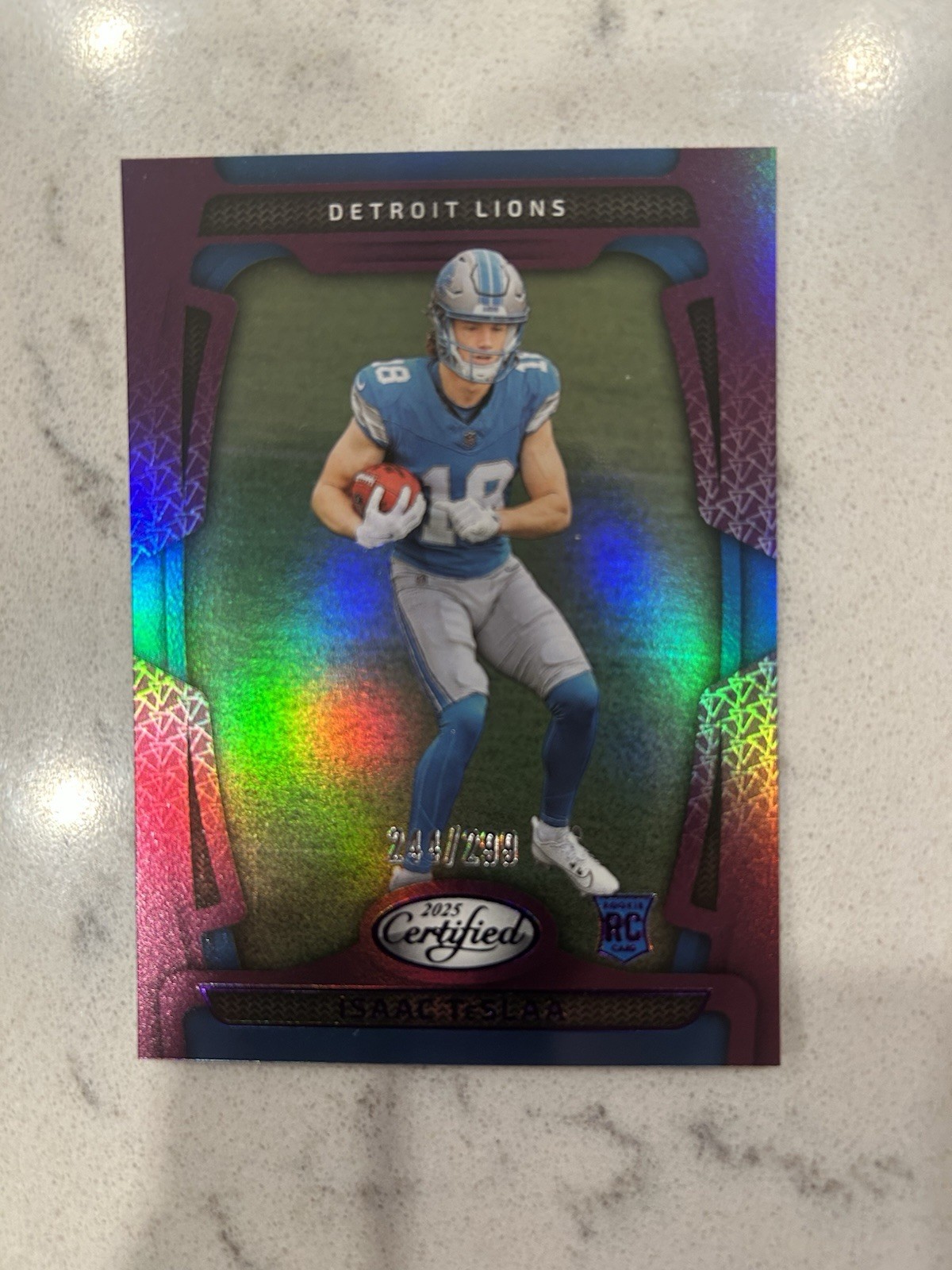 2025 Panini Certified Isaac Teslaa RC #162 Purple Mirror #/299 Rookie Card Lions