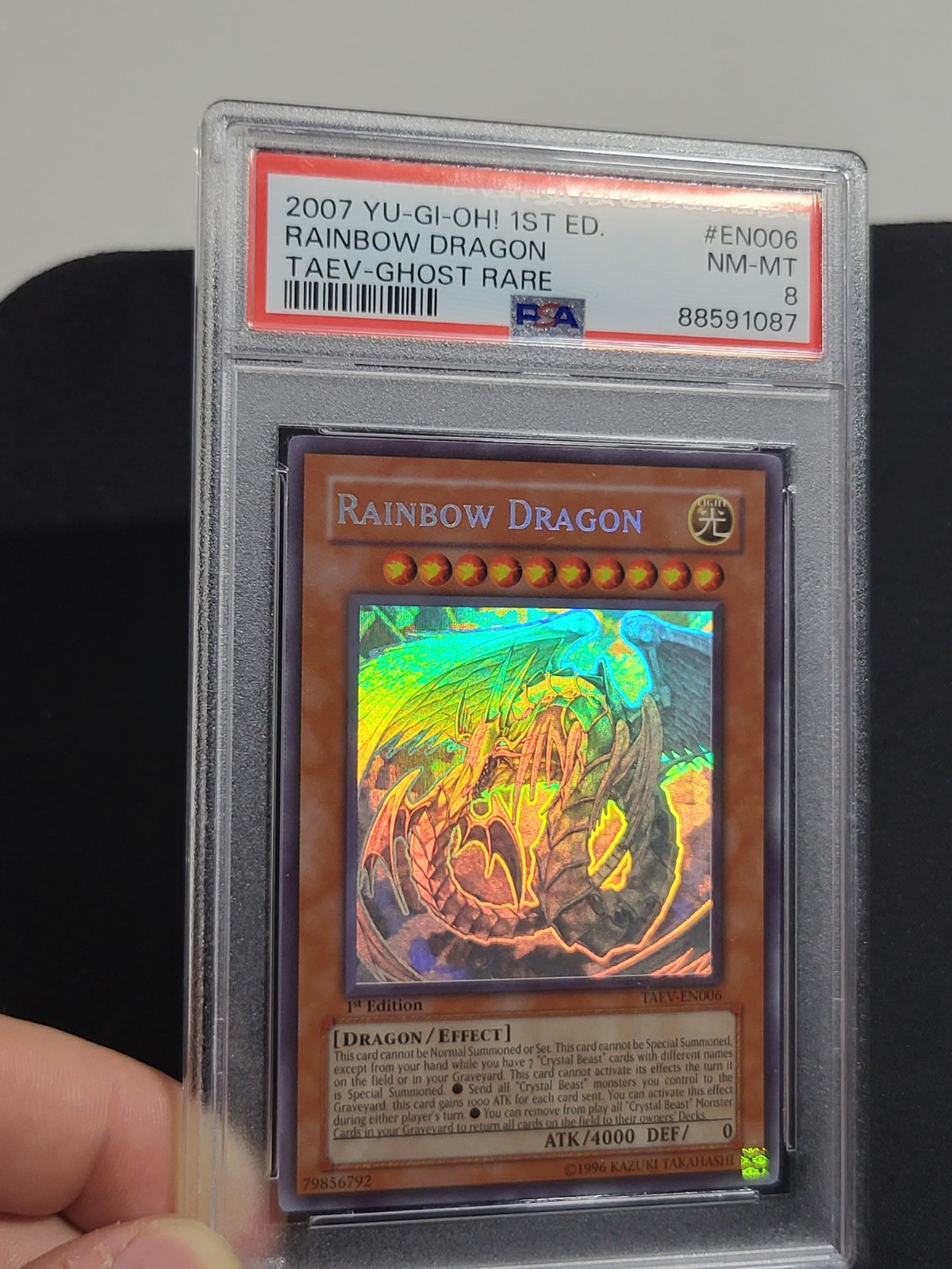 Yugioh 2007 Rainbow Dragon TAEV-EN006 1st Edition Ghost Rare PSA 8 (Clean Foil) view 13