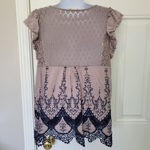 Altar'd State Gray Blue Ruffle Sleeve Crochet Lace Top Size M - Picture 5 of 11