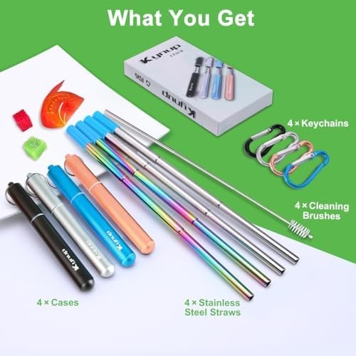 4 Pack Reusable Metal Straws with Silicone Tips & Cleaning Set