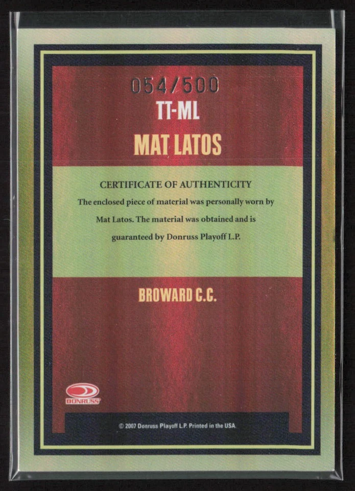 Donruss Elite 2007 edición extra Throwback Threads/500 Mat Latos #TT-ML Foto 2 de 2