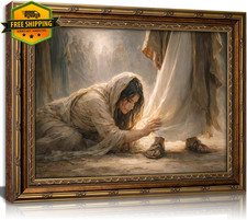Vintage Gold Frame Jesus Wall Art Canvas 11x9 Woman Touching Robe Faith Healing