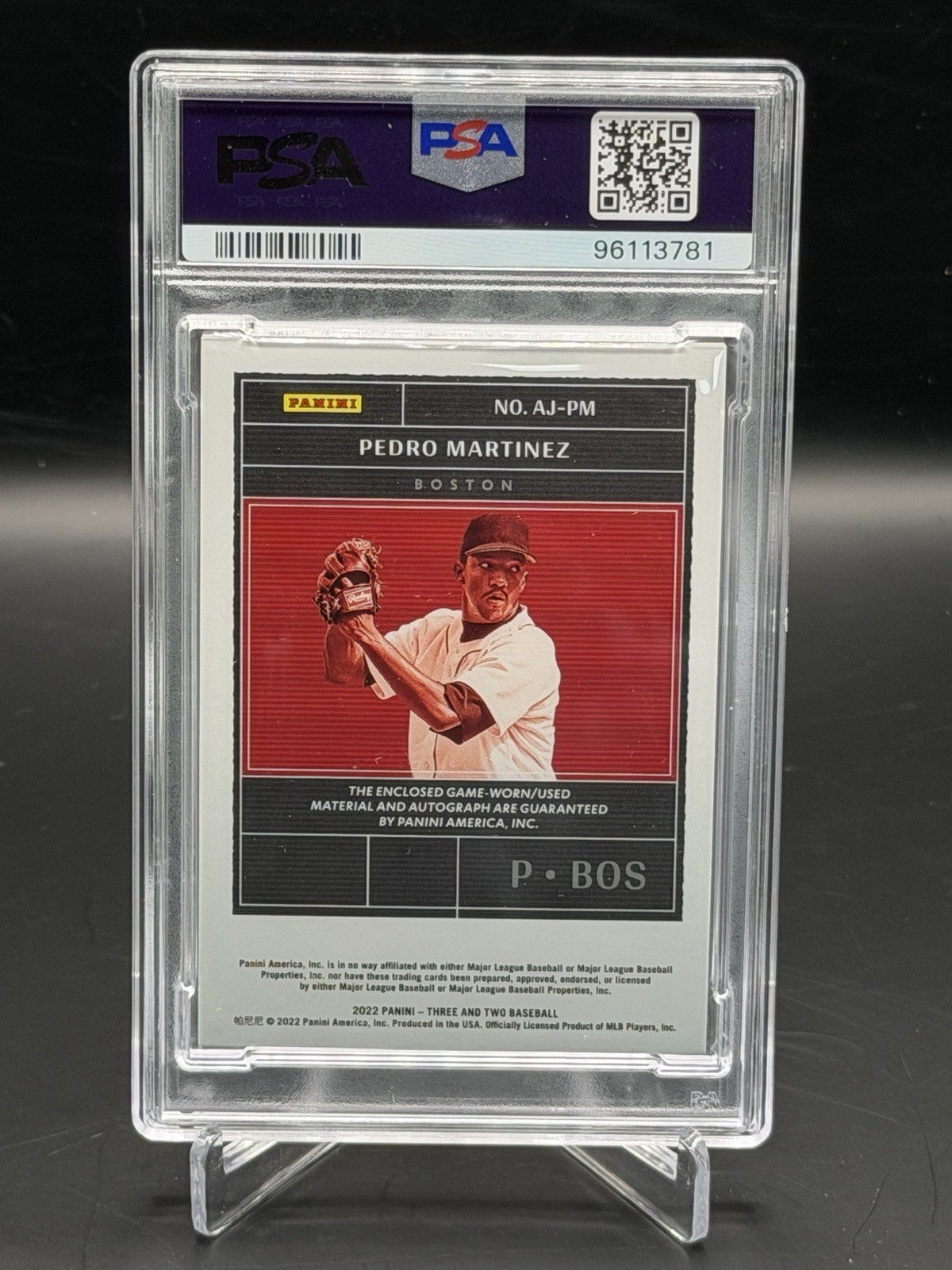2022 Panini Three & Two Pedro Martinez Auto & Game Worn Jersey Patch /3 PSA 10 view 2