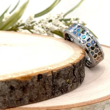 8mm Silver Tungsten Carbide Ring Blue Opal & Gold Honeycomb Inlay Wedding Band