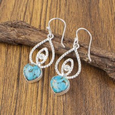 925 Sterling Silver Heart Natural Blue Copper Turquoise Drop Dangle New Earrings