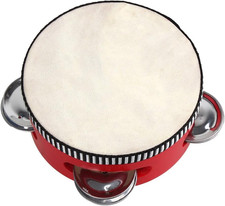 4" Red Musical Tambourine Beat round Drum Wooden Natural Skinned Musical Instrum