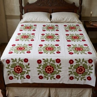Antique Style Hand Applique Quilt Top Whig Rose of Sharon Red Green Floral 62x83