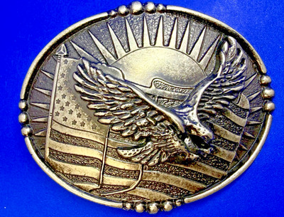 American Bald Flying Eagle USA Flag Rising Sun Patriotic Silver Tone Belt Buckle