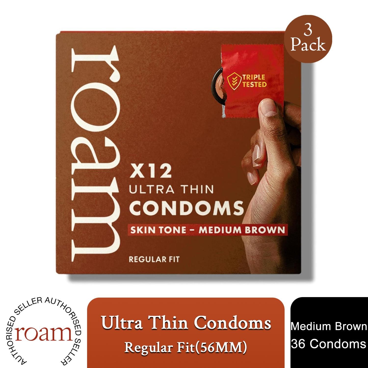 Roam Medium Brown Regular Fit Condoms for Safer Sex & Contraception, 36 Pack