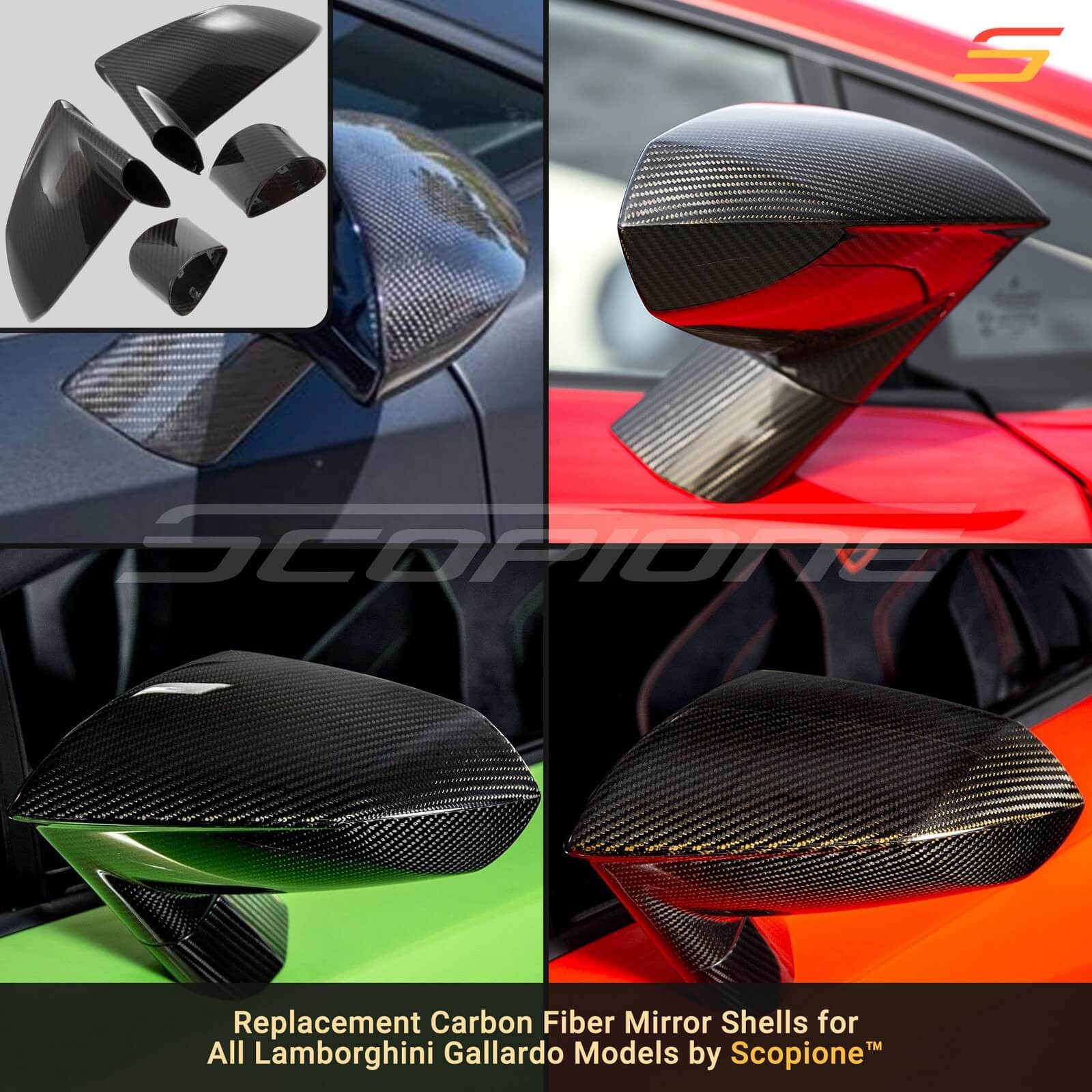 Scopione Carbon Replacement Side Mirror Shells w/Bases for Lamborghini Gallardo