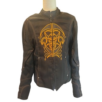 Women s Black Motorcycle Jacket Orange Tribal Pattern Large Zip Pockets Biker