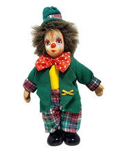 Vintage Clown Doll Figure Green jacket Hat Red Bow 9in Tall Collectible Rare