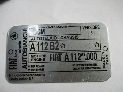 Nameplate id plate chassis autobianchi Bianchina 112 B2 Versione 5 plate S65 