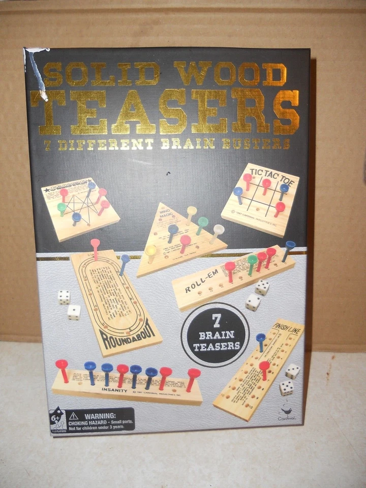 NIB CARDINAL SOLID WOOD 7 BRAIN TEASERS/54 GAME PEGS/6 DICE & INSTR* FREE SHIP - Image 2 of 4