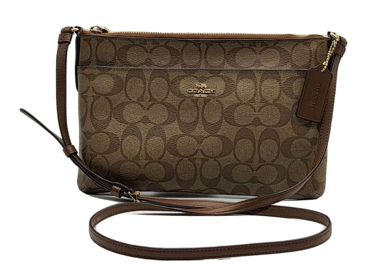Coach Signature East West Pop Up Khaki Brown Crossbody Purse Coach Signature East West Pop Up Khaki Brown Crossbody Purse