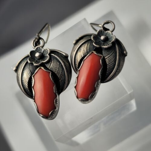 Orecchini Navajo Vintage, Corallo in Argento Sterling Firmati GJ - Foto 2 di 5