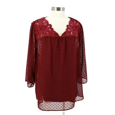 Style & Co Blouse Sheer Red Eyelet Swiss Dot 3/4 Sleeve Tank Top NWT Womens 2X